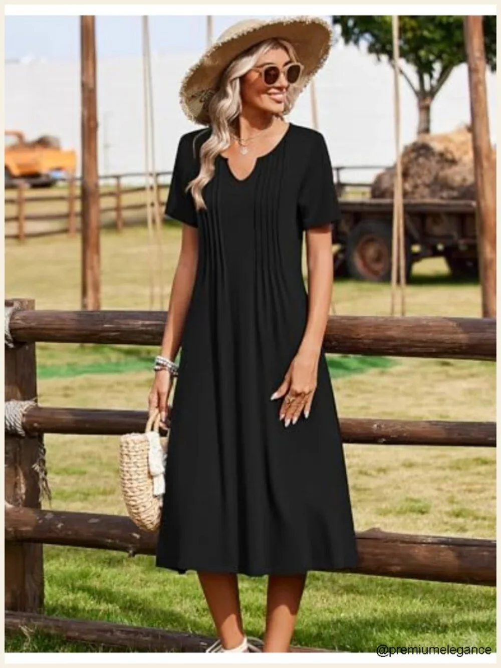 Women's Summer Casual Midi Dress with Pockets Flowy Pleated Short Sleeve
